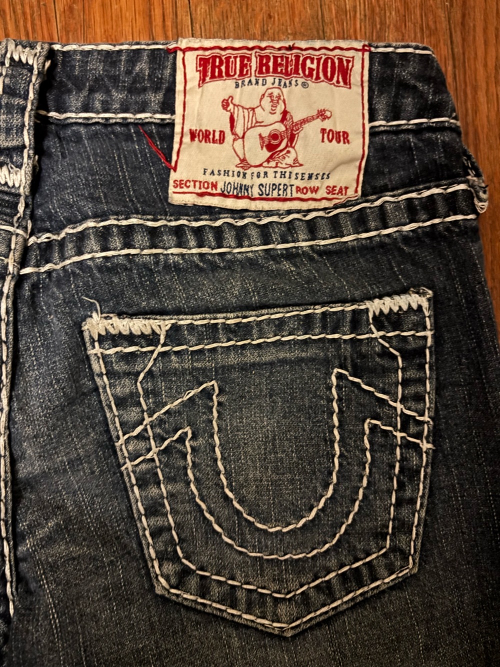 True Religion Dark Blue Bootcut Jeans with White Contrast Stitching